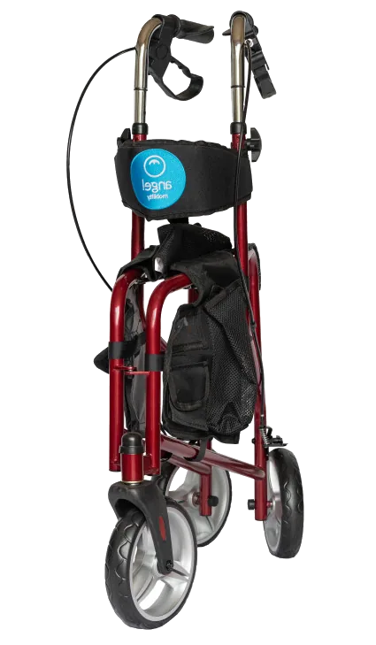 Red folding tri walker with a seat and storage pockets.