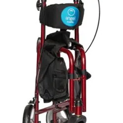 Red foldable 3 wheel rollator walker with seat and storage bag.