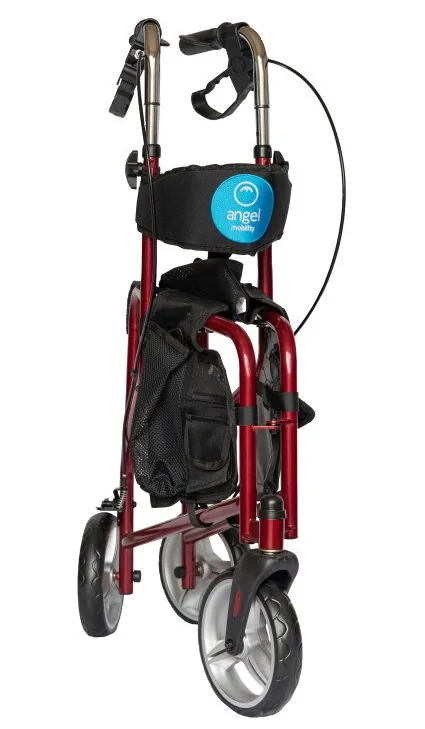 Red foldable 3 wheel rollator walker with seat and storage bag.