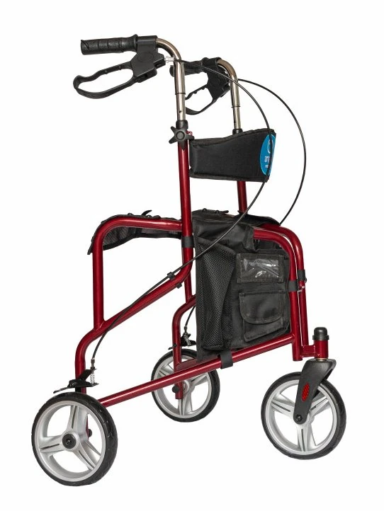 Red three-wheel rollator walker with seat and storage pockets.
