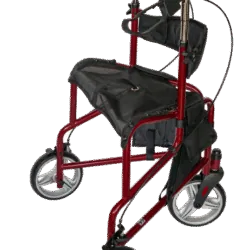 Red 3 wheel rollator walker with black seat and storage pocket.
