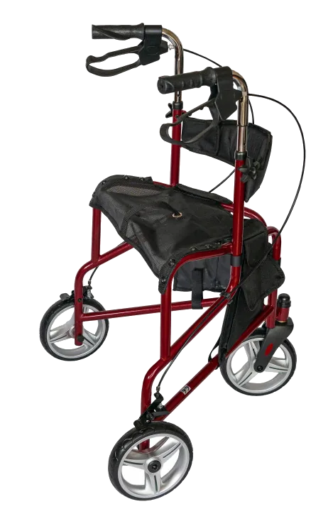 Red 3 wheel rollator walker with black seat and storage pocket.