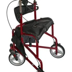 Red 3 wheel rollator walker with seat and storage pockets.