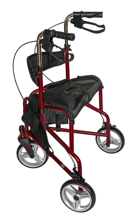 Red 3 wheel rollator walker with seat and storage pockets.