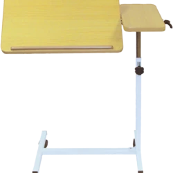 Height adjustable overbed table with tilting surface and castors.