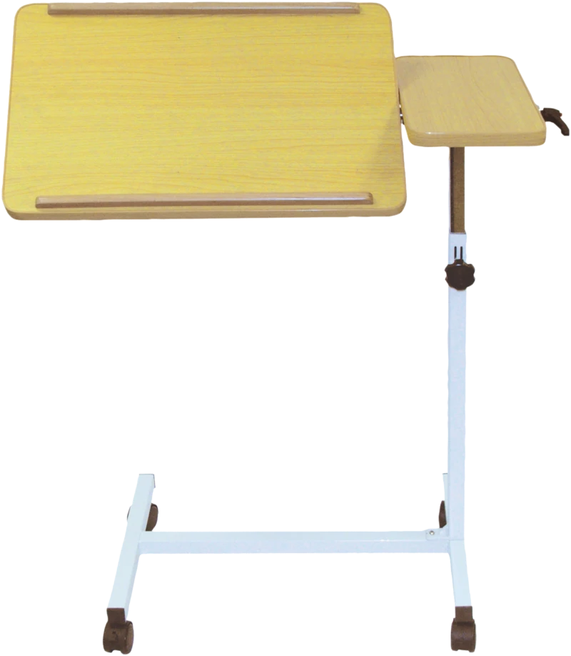 Height adjustable overbed table with tilting surface and castors.