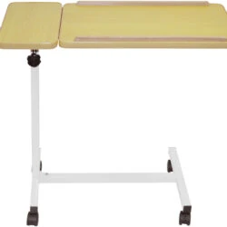 Height adjustable overbed table on castors with tilting surface.