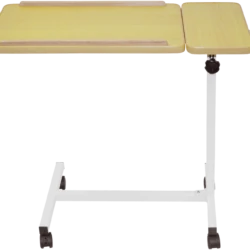 Overbed table with two surfaces and castors.
