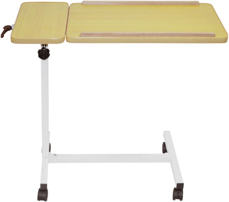 Height adjustable overbed table on castors with tilting surface.