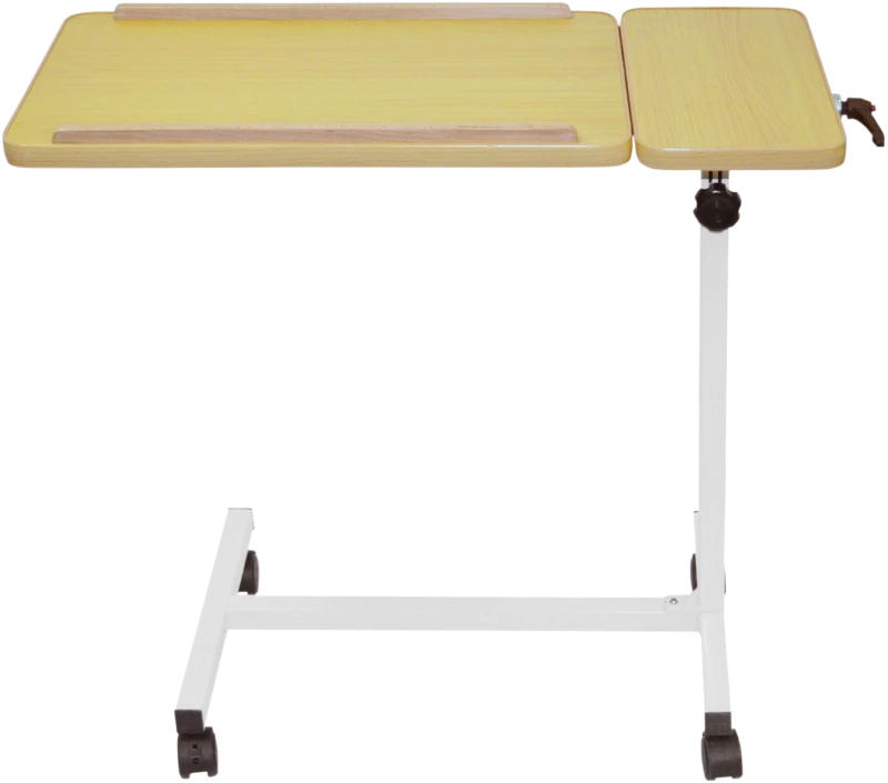 Overbed table with two surfaces and castors.