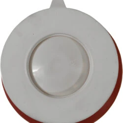Top view of a white plate with a red suction base.