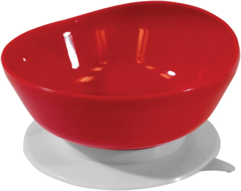 Red adaptive bowl with a white suction base.