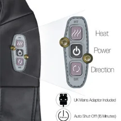 Close-up of massager control panel with heat, power, and direction buttons.