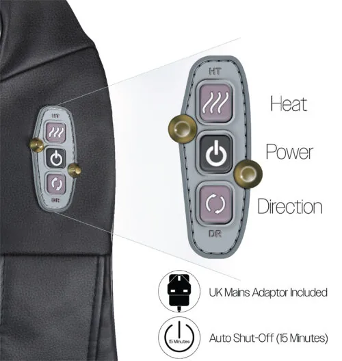 Close-up of massager control panel with heat, power, and direction buttons.