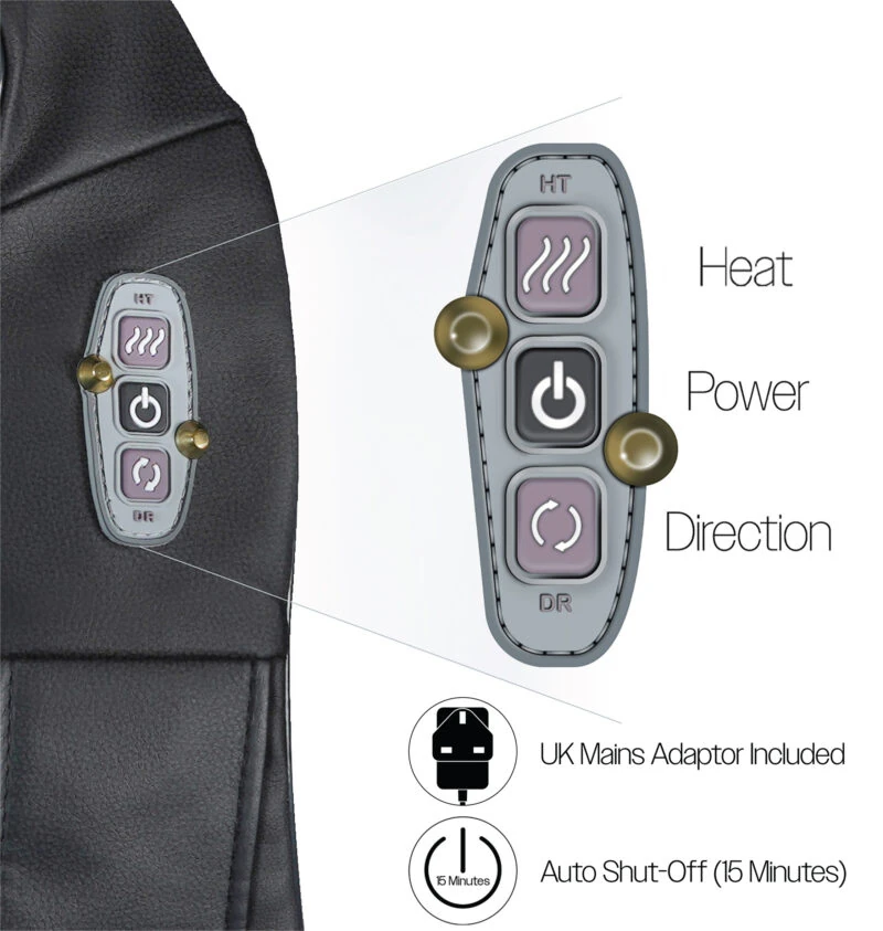 Close-up of massager control panel with heat, power, and direction buttons.
