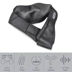 Black neck and shoulder massager with control panel and icons below.