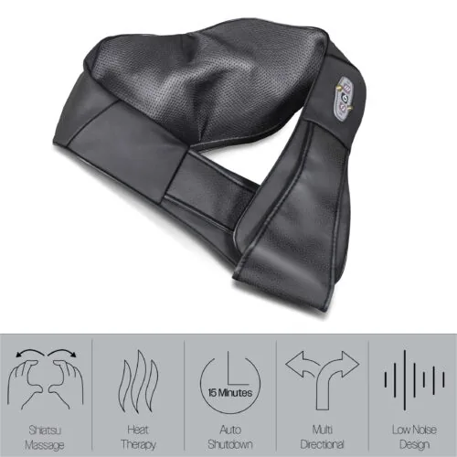 Black neck and shoulder massager with control panel and icons below.