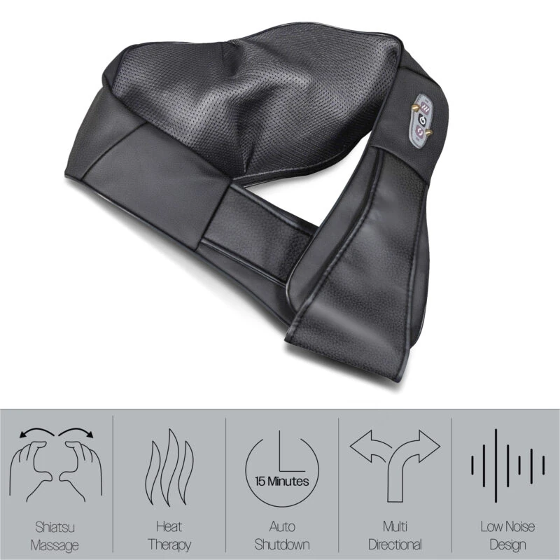 Black neck and shoulder massager with control panel and icons below.
