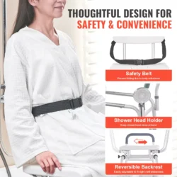 Woman seated on a shower transfer bench with safety belt and showerhead holder.