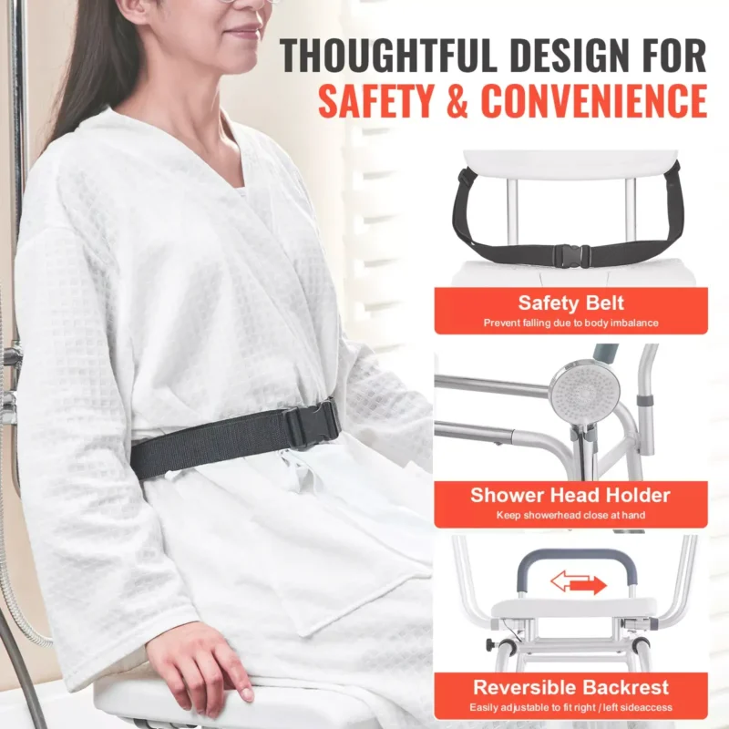 Woman seated on a shower transfer bench with safety belt and showerhead holder.