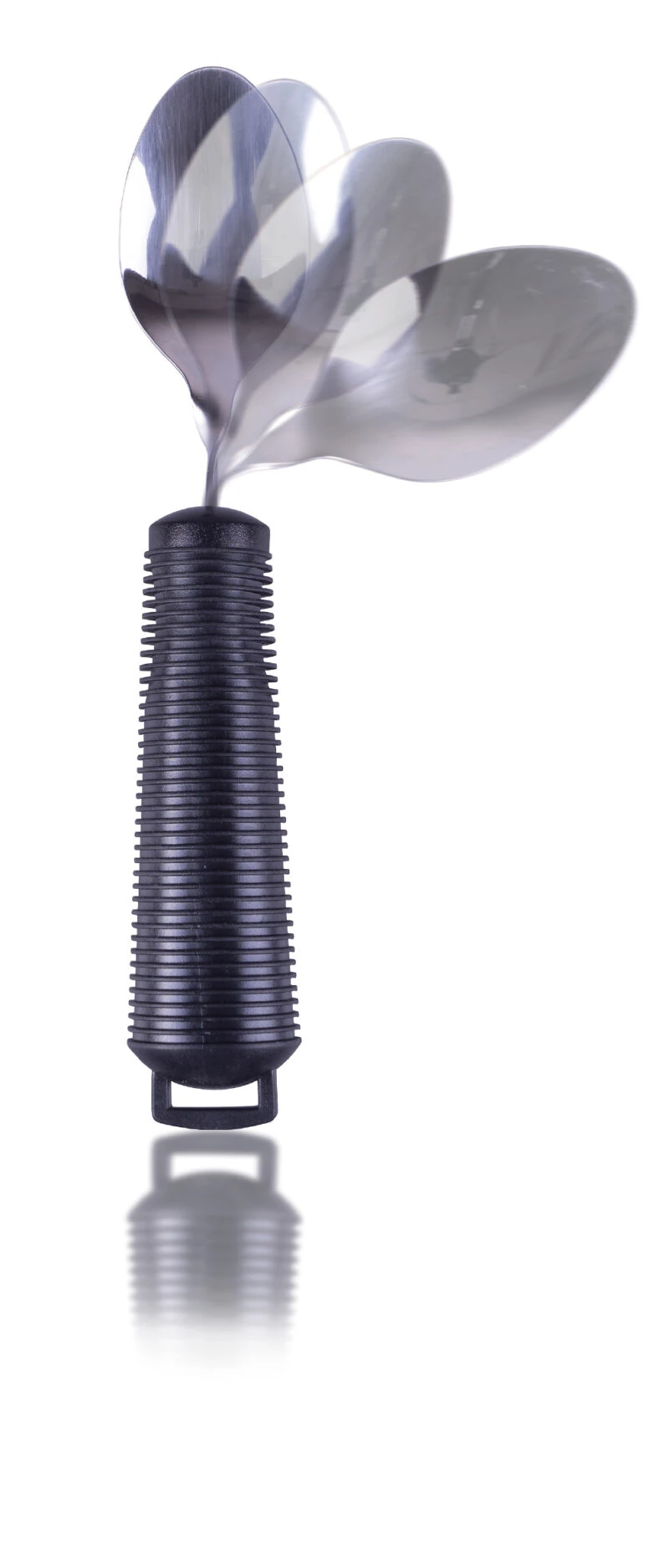 Bendable spoon with a black ribbed handle and adjustable head.