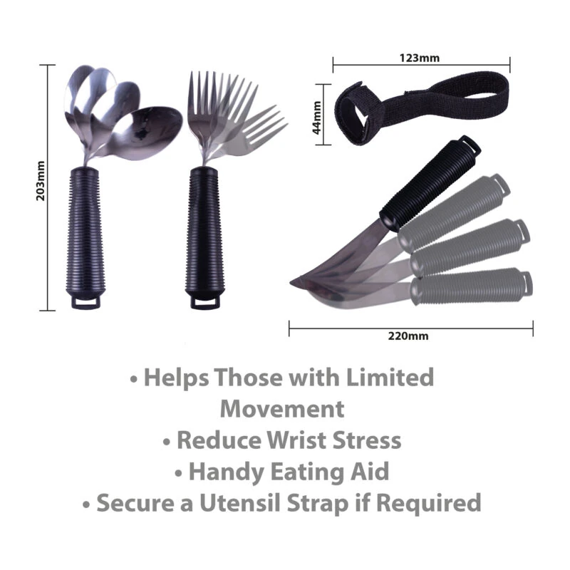 Adaptive silverware set showing bendable spoon, fork, knife, and utensil strap with measurements.