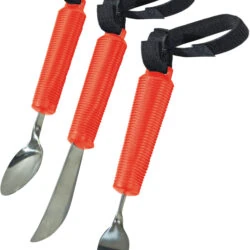 Three pieces of adaptive silverware with red handles and black straps.