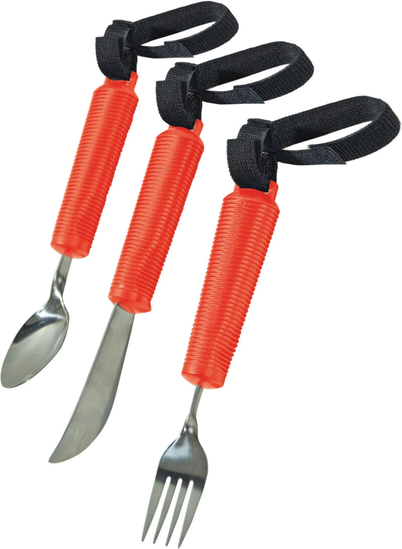 Three pieces of adaptive silverware with red handles and black straps.