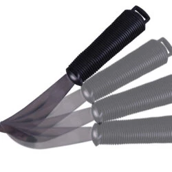 Bendable rocker knife with a black ribbed handle.
