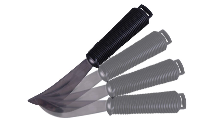 Bendable rocker knife with a black ribbed handle.