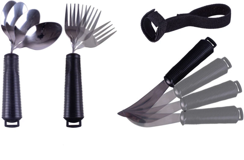 Bendable spoon, fork, knife, and utensil strap with black handles.