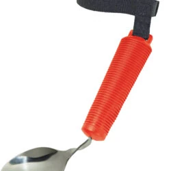 Red bendable spoon with a black strap attached to the handle.