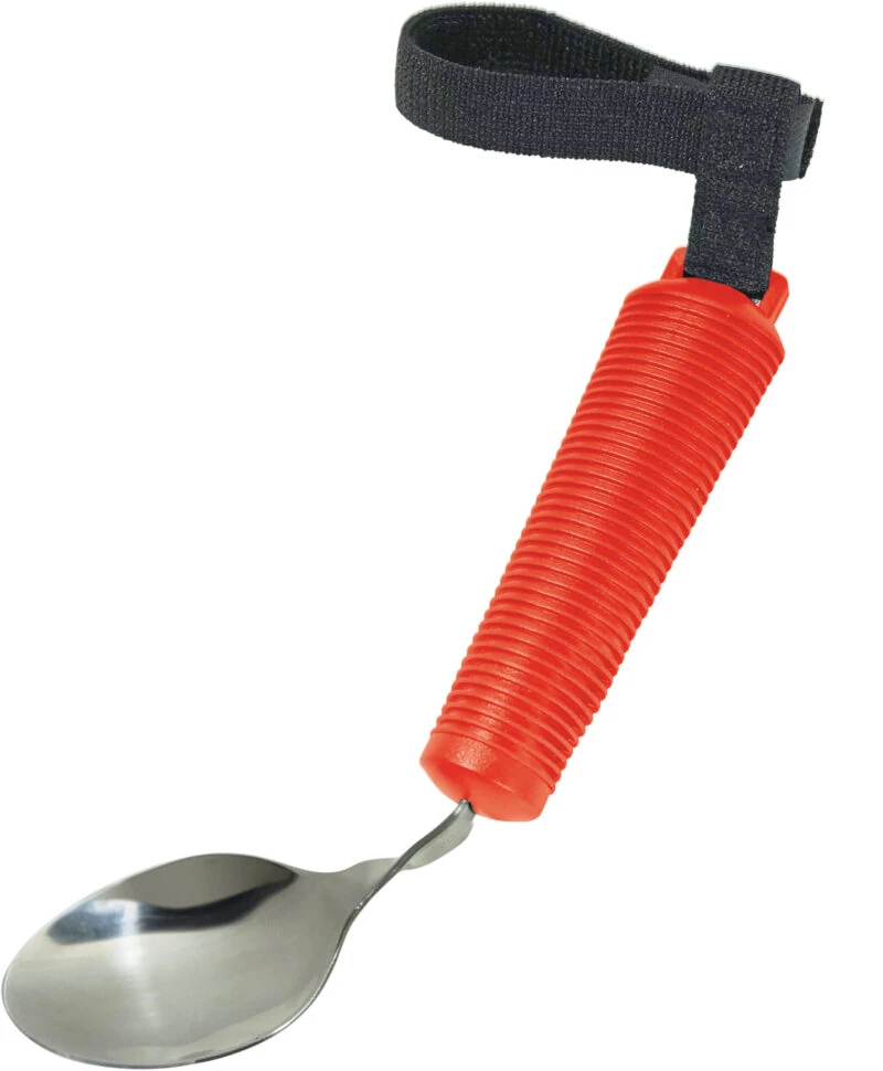 Red bendable spoon with a black strap attached to the handle.