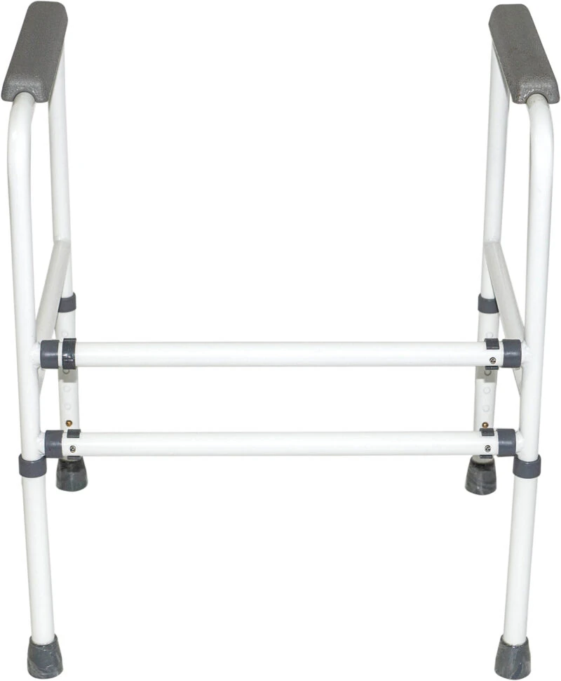 Freestanding toilet safety frame with wrap-around armrests.
