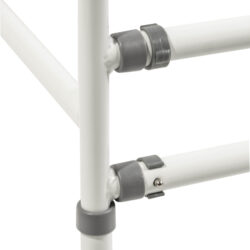 Close-up of adjustable joints on a white toilet safety frame.