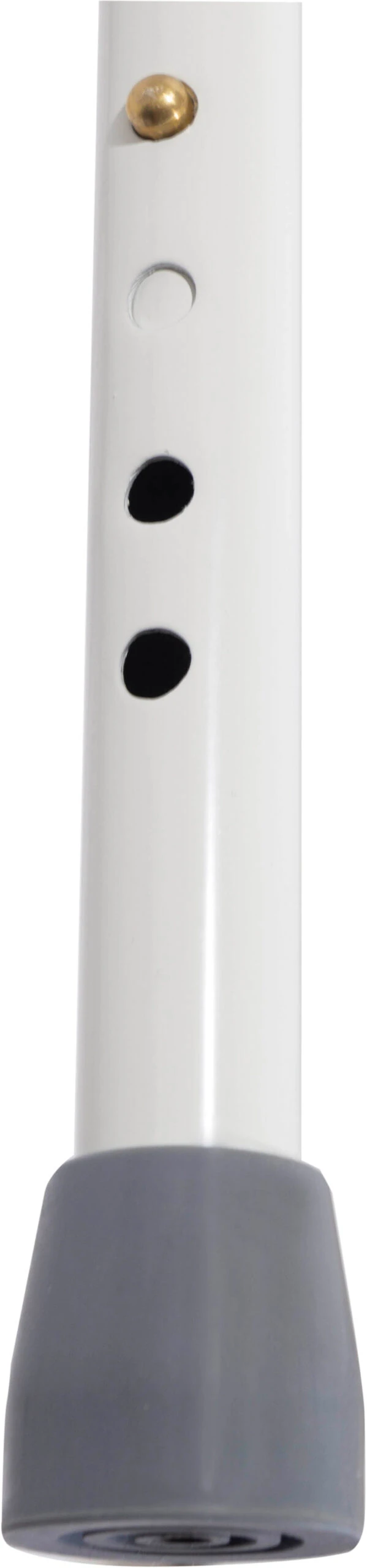 Close-up of adjustable leg with rubber tip and adjustment holes.