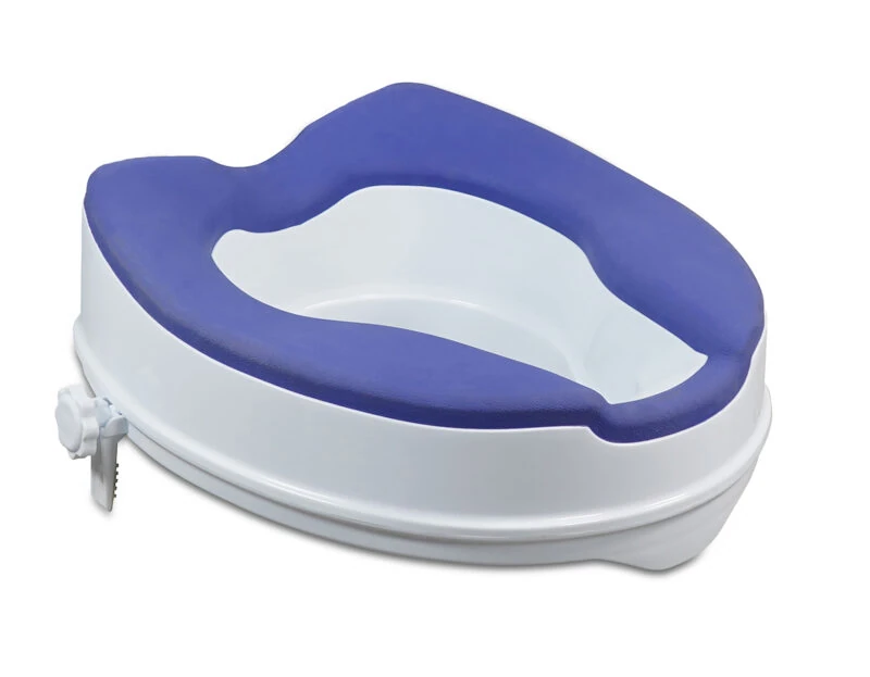 White elevated toilet seat with blue TPR padding and side bracket.