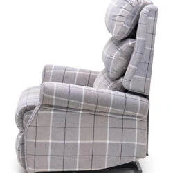 Side view of a Glen Check fabric recliner chair.