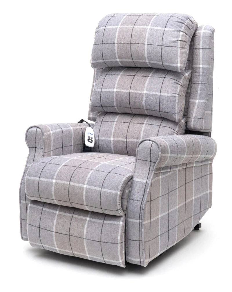 Glen check fabric recliner armchair with remote control.