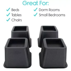 Four black furniture raisers with text indicating usage for beds, tables, and chairs.