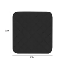 Black chair pad with quilted pattern, dimensions 22in x 21in.