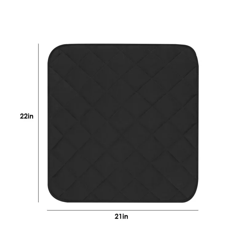 Black chair pad with quilted pattern, dimensions 22in x 21in.