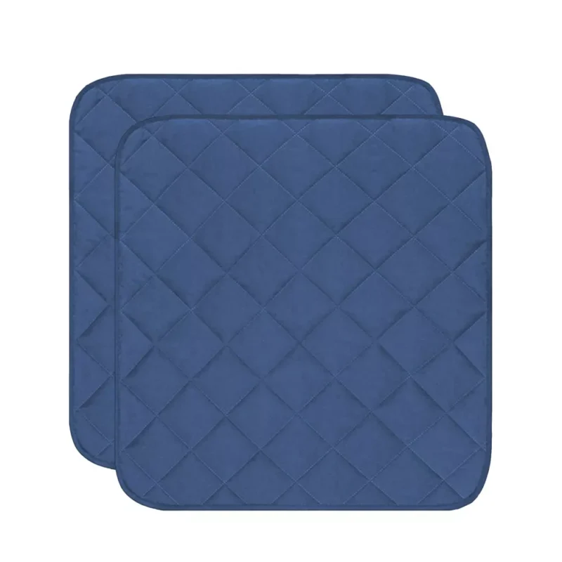 Two blue quilted incontinence chair pads overlapping.