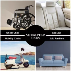 Collage showing wheelchair, car seat, scooter, and sofa with text 'Versatile Uses'.