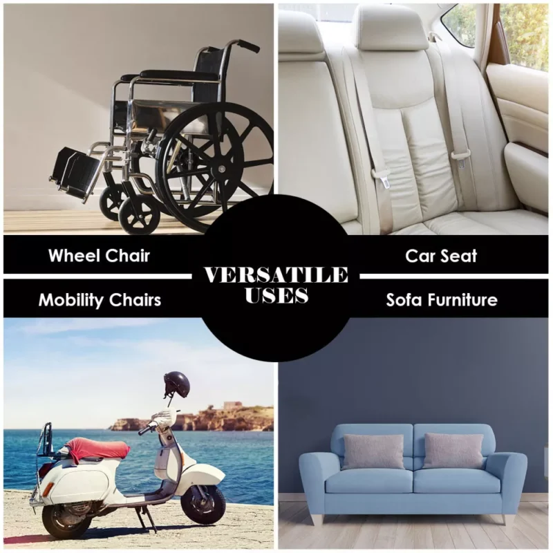 Collage showing wheelchair, car seat, scooter, and sofa with text 'Versatile Uses'.