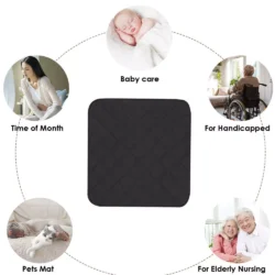 Black incontinence chair pad with images showing various uses.