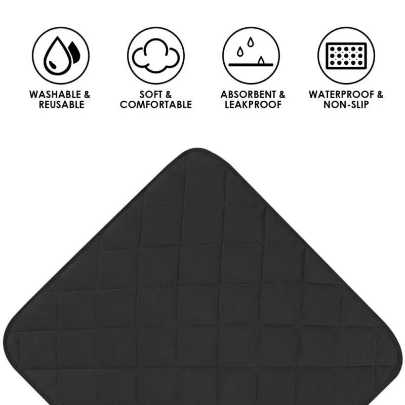 Black chair pad with icons showing washable, soft, absorbent, and waterproof features.