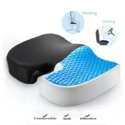 Pressure relief wheelchair cushion with blue gel layer and black cover.
