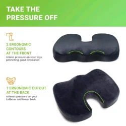 Black wheelchair cushion with ergonomic contours and cutout.