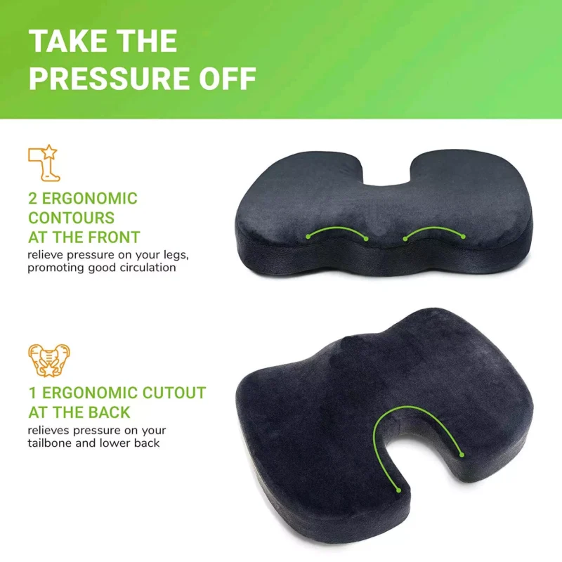 Black wheelchair cushion with ergonomic contours and cutout.